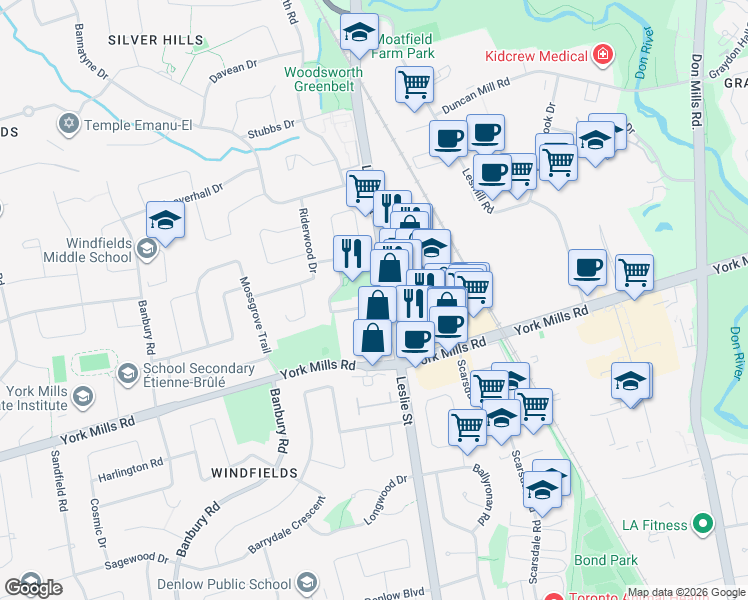 map of restaurants, bars, coffee shops, grocery stores, and more near 8 Farmstead Road in Toronto