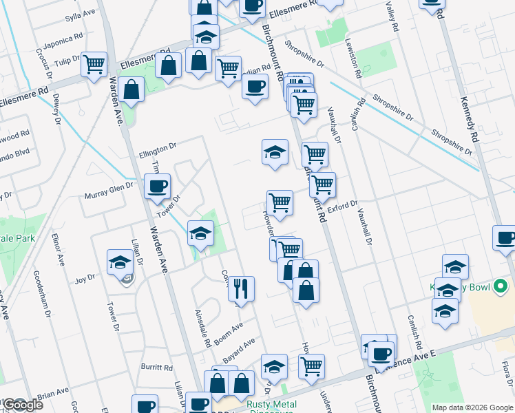map of restaurants, bars, coffee shops, grocery stores, and more near 122 Howden Road in Scarborough