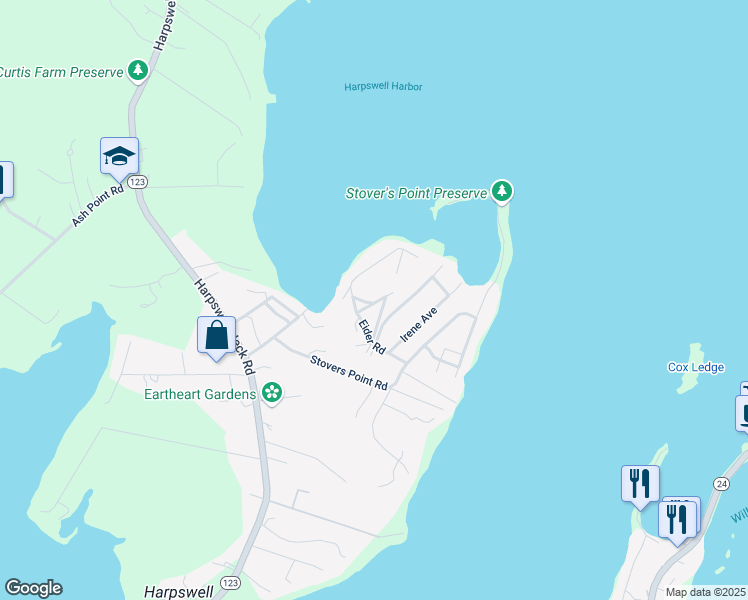 map of restaurants, bars, coffee shops, grocery stores, and more near 46 Eider Road in Harpswell