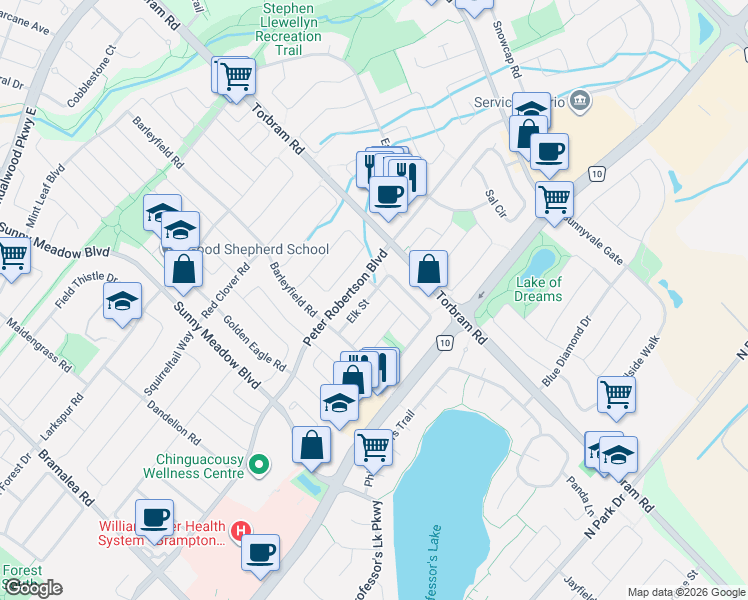 map of restaurants, bars, coffee shops, grocery stores, and more near 37 Elk Street in Brampton