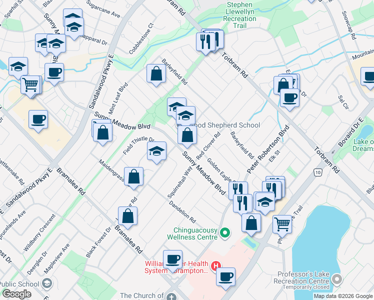 map of restaurants, bars, coffee shops, grocery stores, and more near 107 Sunny Meadow Boulevard in Brampton
