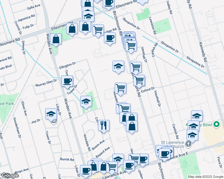 map of restaurants, bars, coffee shops, grocery stores, and more near 22 Laura Secord Walk in Toronto