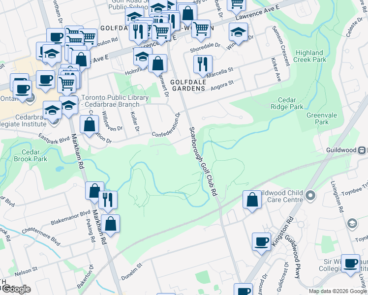 map of restaurants, bars, coffee shops, grocery stores, and more near 452 Scarborough Golf Club Road in Toronto