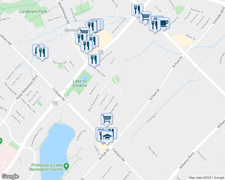 map of restaurants, bars, coffee shops, grocery stores, and more near 90 Saffron Crescent in Brampton