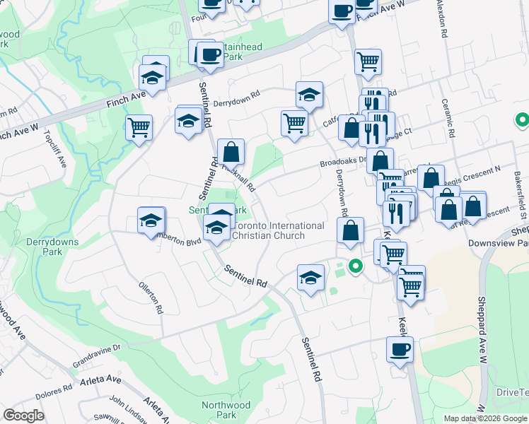 map of restaurants, bars, coffee shops, grocery stores, and more near 70 Hucknall Road in Toronto