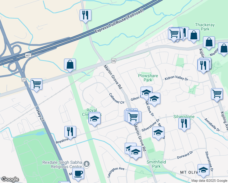 map of restaurants, bars, coffee shops, grocery stores, and more near in Toronto