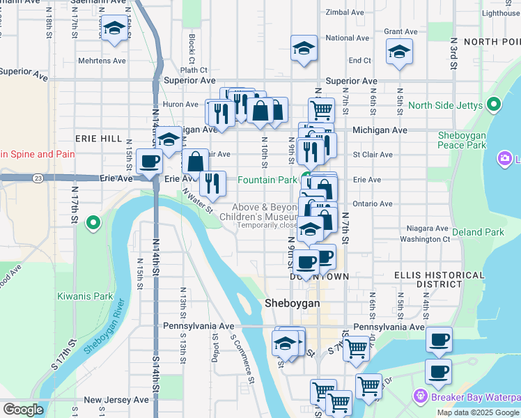 map of restaurants, bars, coffee shops, grocery stores, and more near 1013 Ontario Avenue in Sheboygan