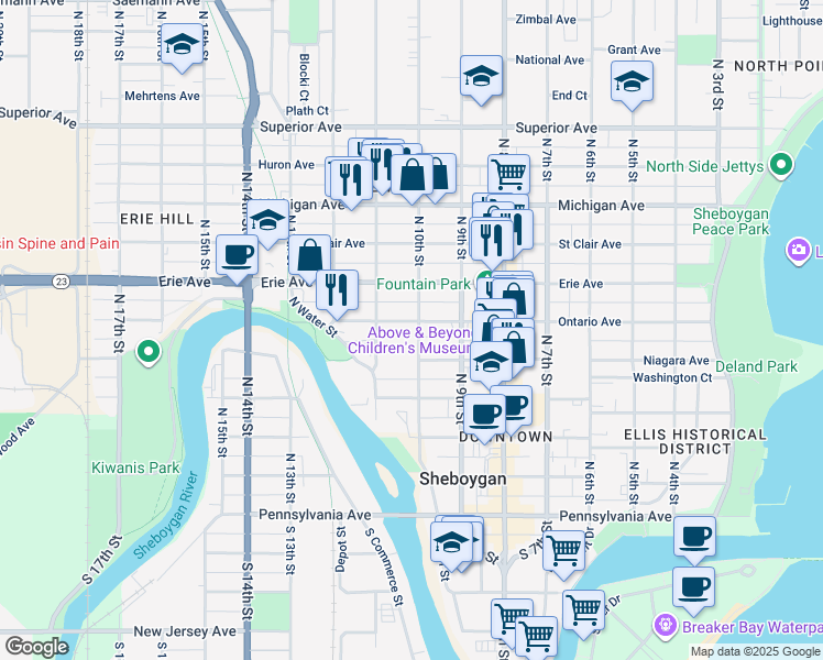 map of restaurants, bars, coffee shops, grocery stores, and more near 1013 Ontario Avenue in Sheboygan