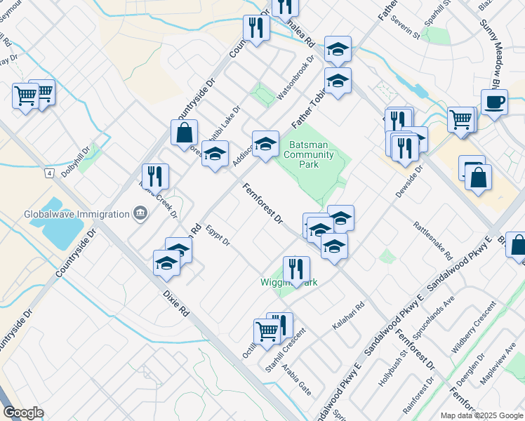 map of restaurants, bars, coffee shops, grocery stores, and more near 492 Fernforest Drive in Brampton