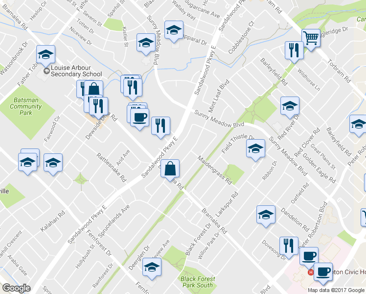 map of restaurants, bars, coffee shops, grocery stores, and more near 37 Sweet Clover Crescent in Brampton