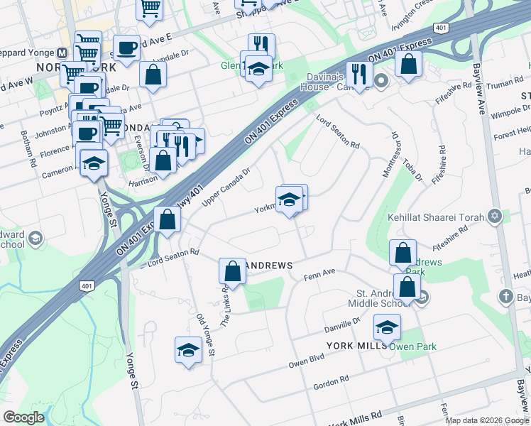map of restaurants, bars, coffee shops, grocery stores, and more near 75 Yorkminster Road in Toronto