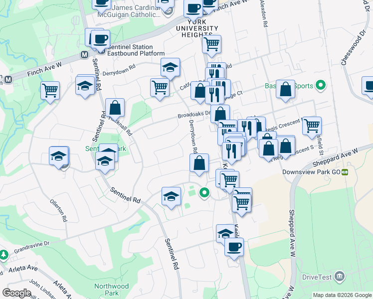 map of restaurants, bars, coffee shops, grocery stores, and more near 73 Fallingdale Crescent in Toronto