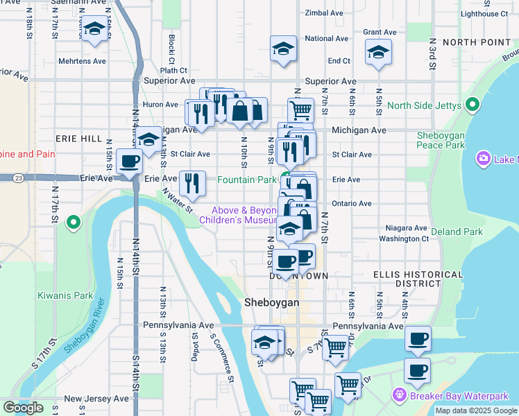 map of restaurants, bars, coffee shops, grocery stores, and more near 909 Ontario Avenue in Sheboygan