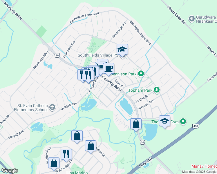 map of restaurants, bars, coffee shops, grocery stores, and more near 31 Alnwick Avenue in Regional Municipality of Peel