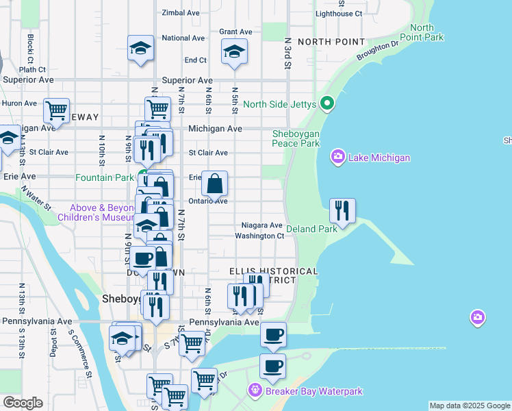 map of restaurants, bars, coffee shops, grocery stores, and more near 932 North 4th Street in Sheboygan