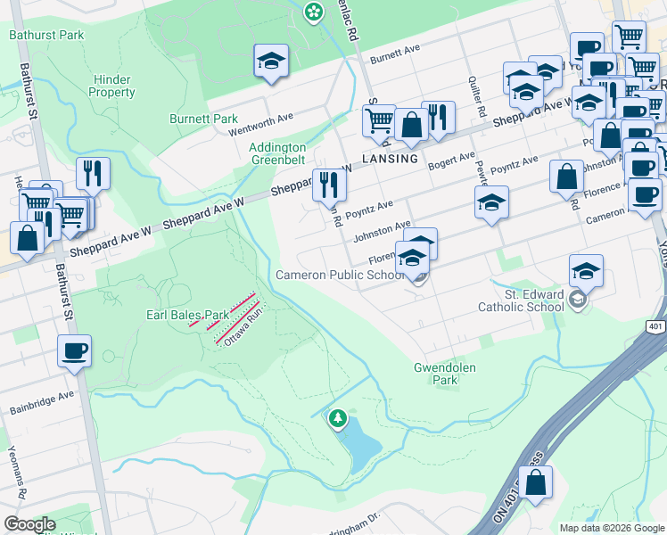 map of restaurants, bars, coffee shops, grocery stores, and more near 3 Evan Road in Toronto
