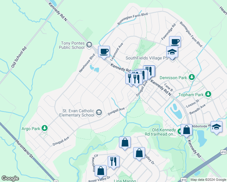 map of restaurants, bars, coffee shops, grocery stores, and more near 93 Stowmarket Street in Regional Municipality of Peel