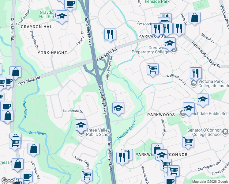 map of restaurants, bars, coffee shops, grocery stores, and more near 43 Valley Woods Road in Toronto