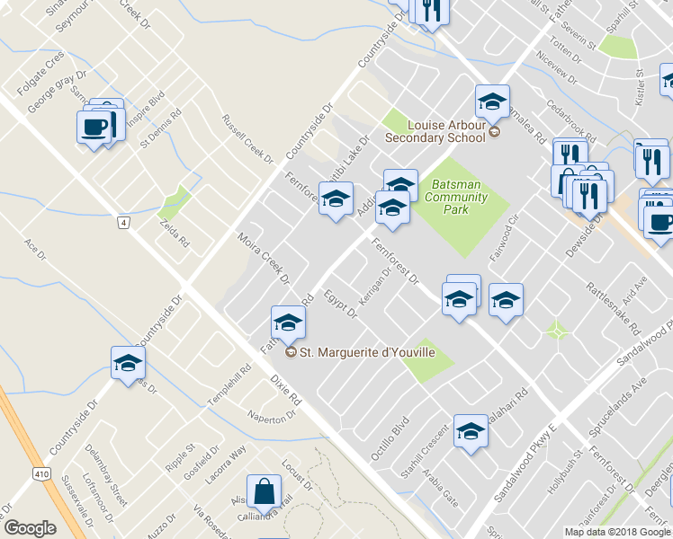 map of restaurants, bars, coffee shops, grocery stores, and more near 513 Father Tobin Road in Brampton