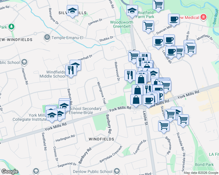 map of restaurants, bars, coffee shops, grocery stores, and more near 11 Riderwood Drive in Toronto