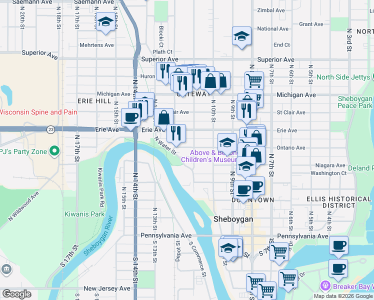 map of restaurants, bars, coffee shops, grocery stores, and more near 1113 Ontario Avenue in Sheboygan