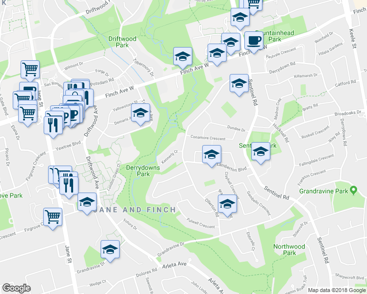 map of restaurants, bars, coffee shops, grocery stores, and more near 283 Derrydown Road in Toronto