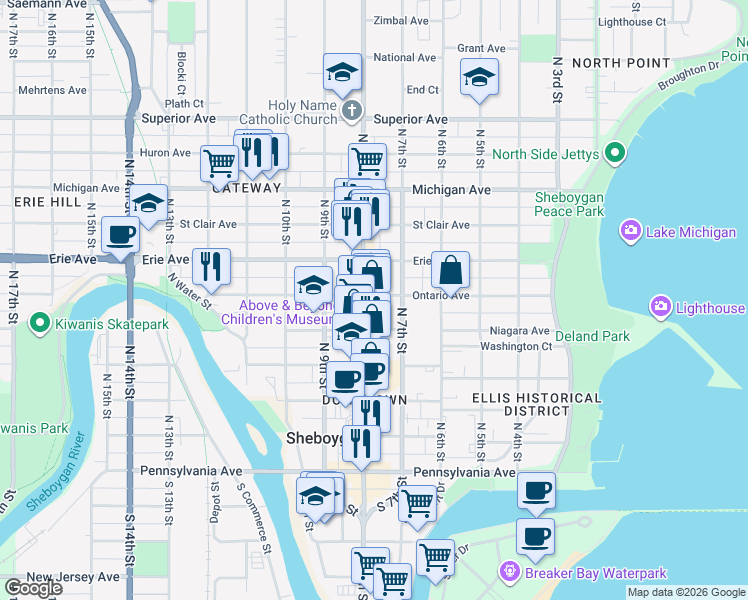 map of restaurants, bars, coffee shops, grocery stores, and more near 925 North 8th Street in Sheboygan