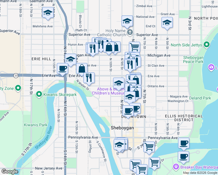 map of restaurants, bars, coffee shops, grocery stores, and more near 1013 Ontario Avenue in Sheboygan