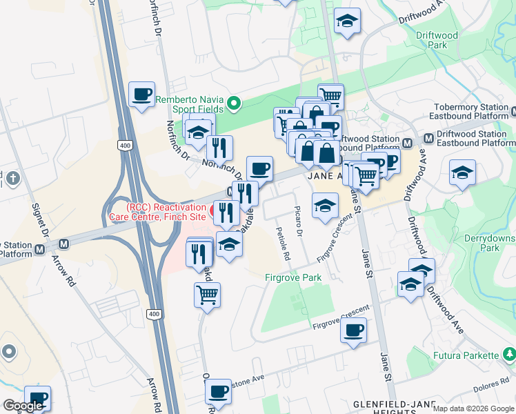 map of restaurants, bars, coffee shops, grocery stores, and more near 59 Blaney Crescent in Toronto