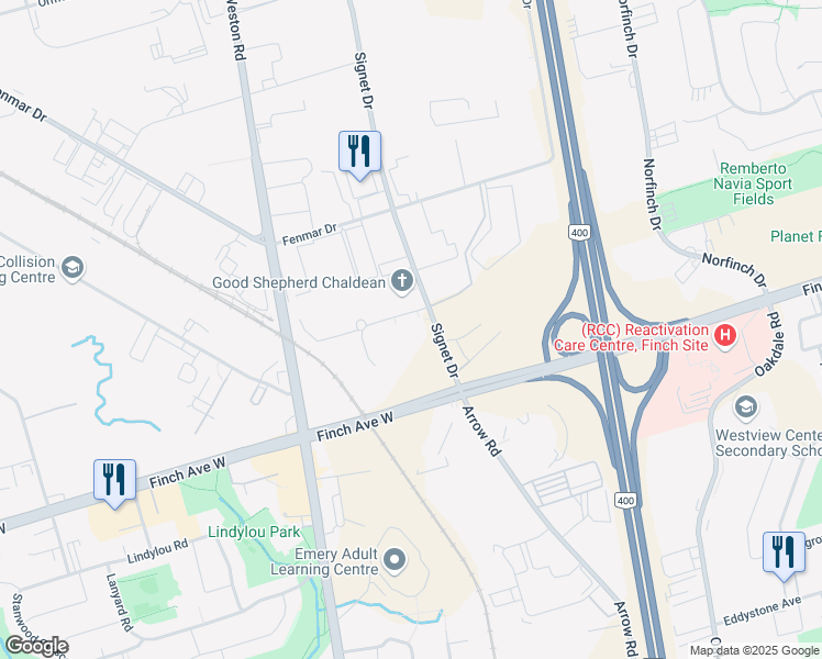 map of restaurants, bars, coffee shops, grocery stores, and more near 51 Signet Drive in Toronto
