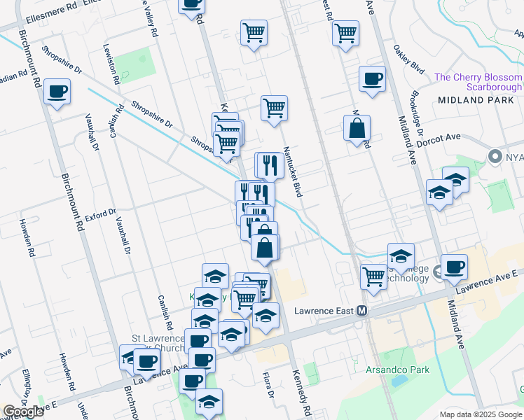 map of restaurants, bars, coffee shops, grocery stores, and more near 1215 Kennedy Road in Toronto