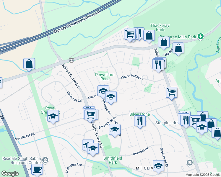 map of restaurants, bars, coffee shops, grocery stores, and more near 62 Gihon Spring Drive in Toronto