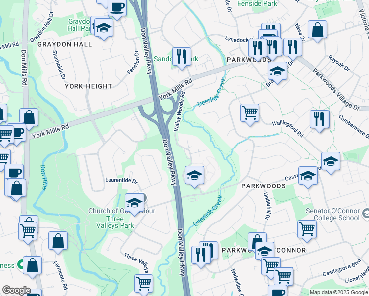 map of restaurants, bars, coffee shops, grocery stores, and more near Valley Woods Road in Toronto