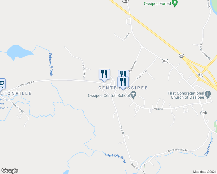 map of restaurants, bars, coffee shops, grocery stores, and more near 19 Moultonville Road in Ossipee