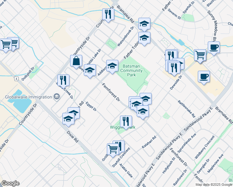 map of restaurants, bars, coffee shops, grocery stores, and more near 492 Fernforest Drive in Brampton
