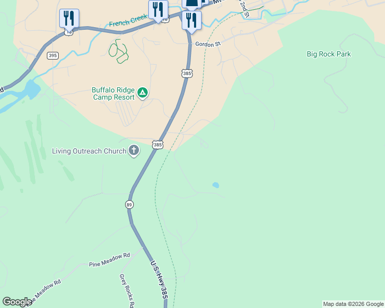 map of restaurants, bars, coffee shops, grocery stores, and more near 12249 Buffalo Ridge Road in Custer
