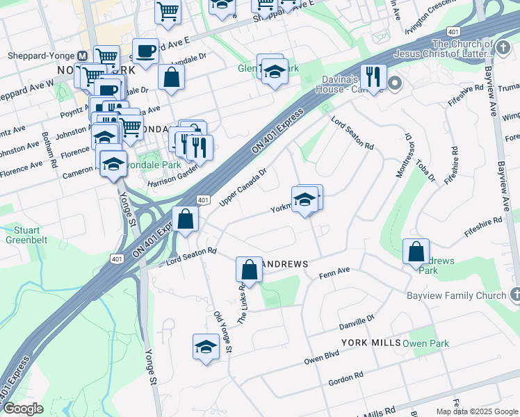 map of restaurants, bars, coffee shops, grocery stores, and more near 64 Yorkminster Road in Toronto