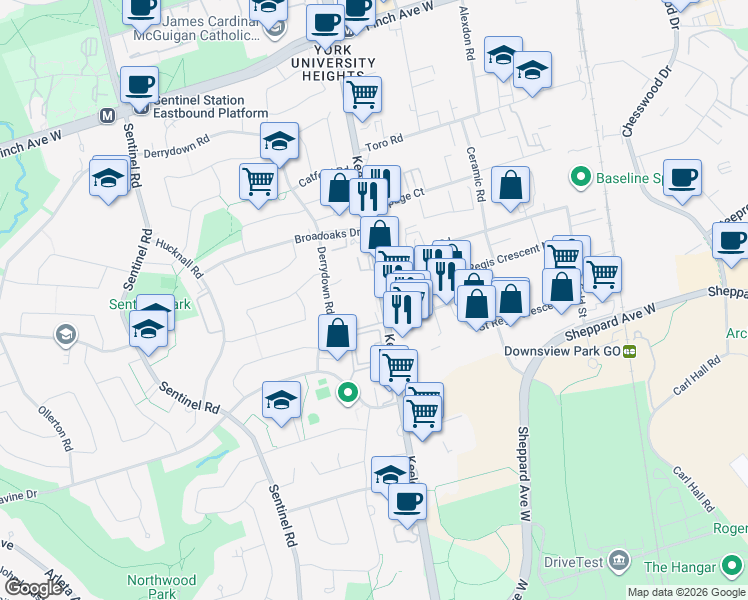 map of restaurants, bars, coffee shops, grocery stores, and more near 3700 Keele Street in Toronto