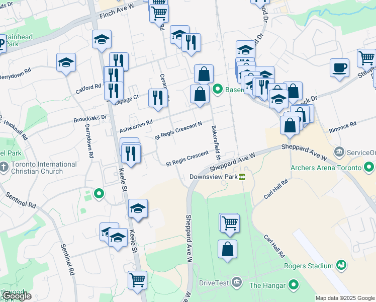 map of restaurants, bars, coffee shops, grocery stores, and more near in Toronto