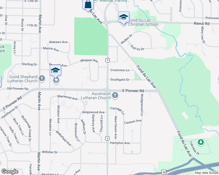 map of restaurants, bars, coffee shops, grocery stores, and more near 669 East Pioneer Road in Fond du Lac