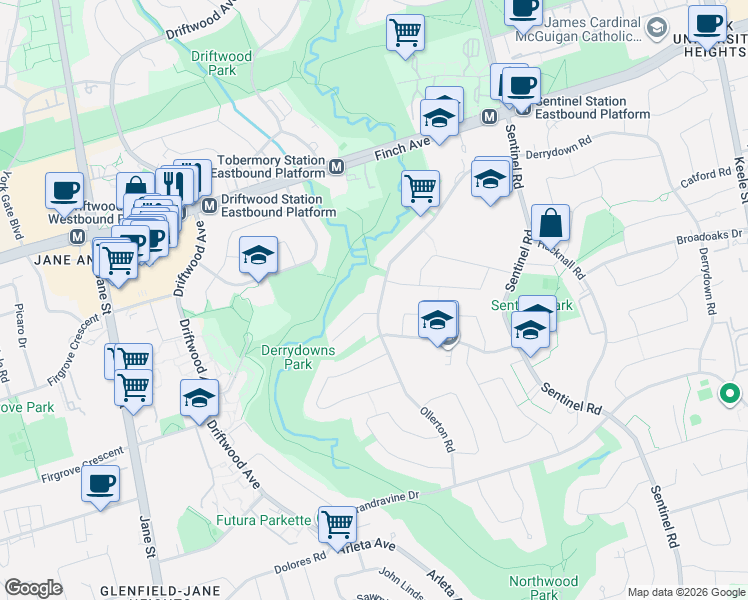 map of restaurants, bars, coffee shops, grocery stores, and more near 283 Derrydown Road in Toronto