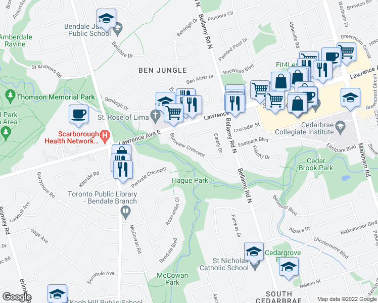 map of restaurants, bars, coffee shops, grocery stores, and more near 41 Burnview Crescent in Toronto