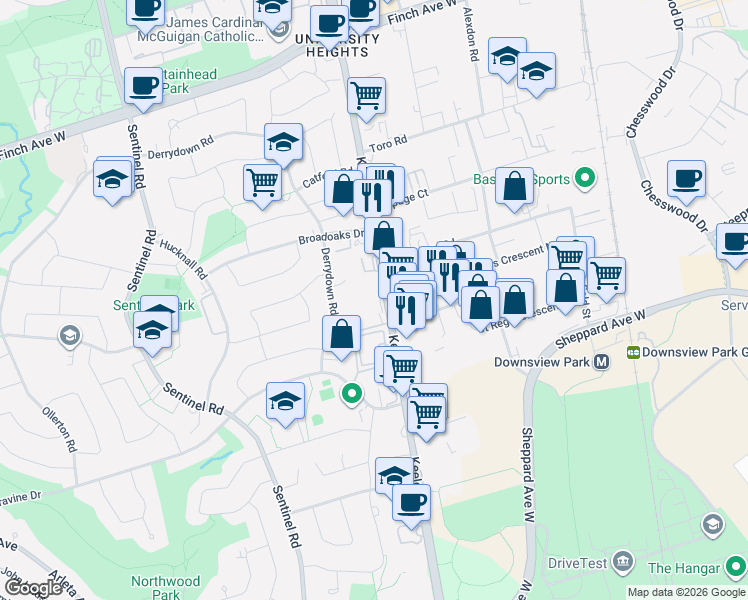 map of restaurants, bars, coffee shops, grocery stores, and more near 3700 Keele Street in Toronto