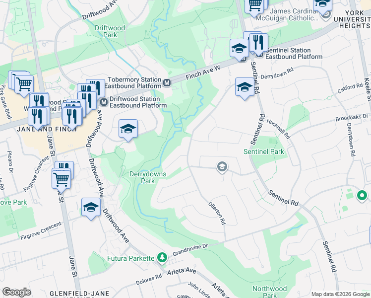 map of restaurants, bars, coffee shops, grocery stores, and more near in Toronto