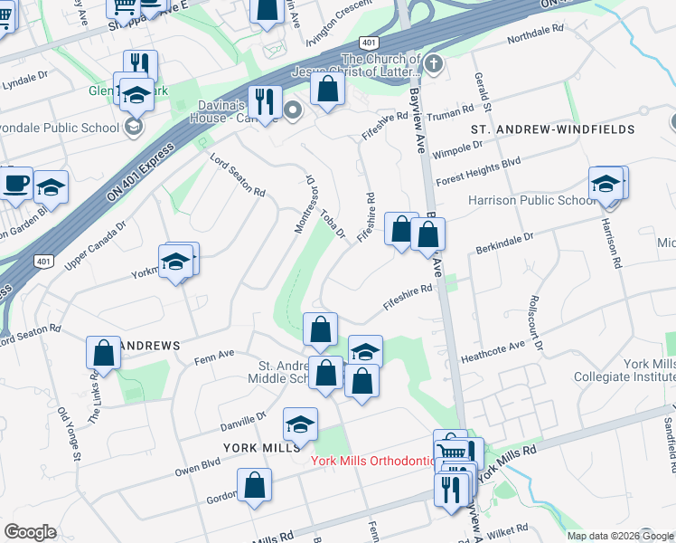 map of restaurants, bars, coffee shops, grocery stores, and more near 2 Chieftain Crescent in Toronto