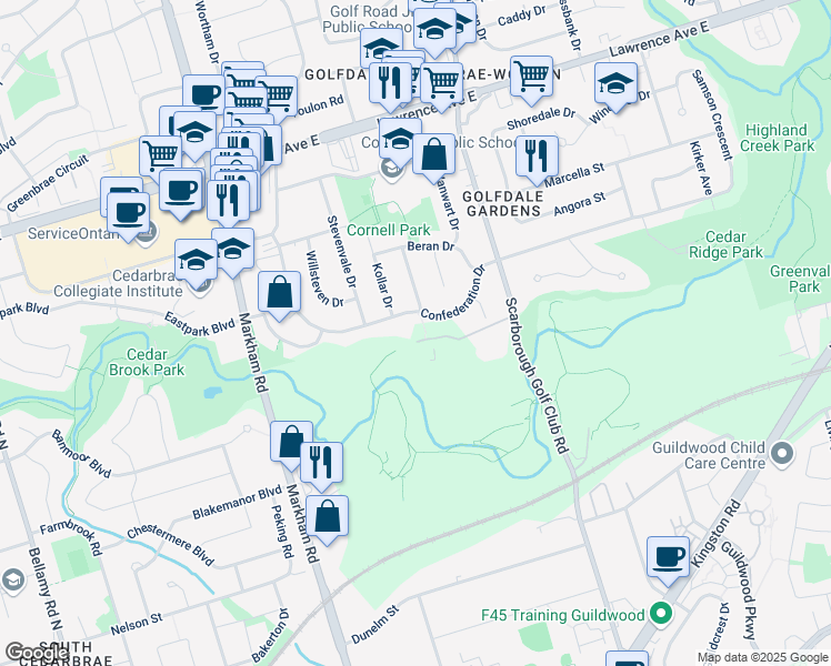 map of restaurants, bars, coffee shops, grocery stores, and more near 450A Scarborough Golf Club Road in Toronto