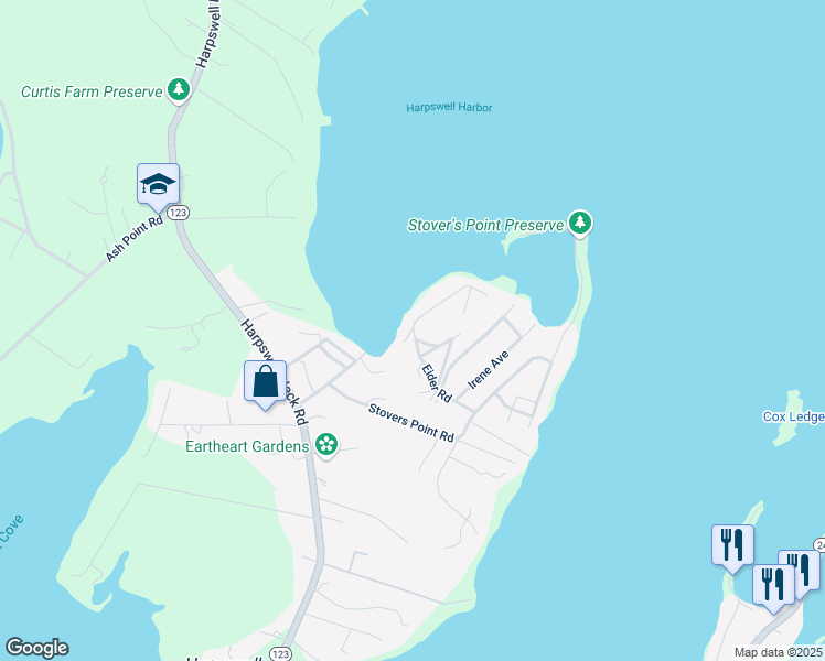 map of restaurants, bars, coffee shops, grocery stores, and more near 46 Eider Road in Harpswell