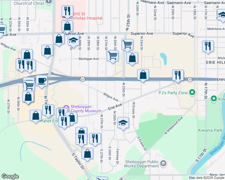 map of restaurants, bars, coffee shops, grocery stores, and more near 2522 Wilgus Avenue in Sheboygan