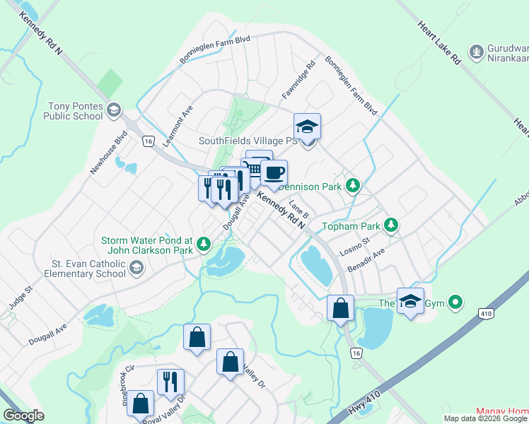 map of restaurants, bars, coffee shops, grocery stores, and more near 47 Tiveron Avenue in Regional Municipality of Peel