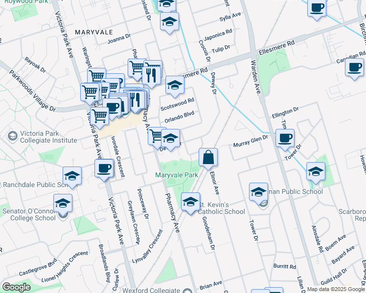 map of restaurants, bars, coffee shops, grocery stores, and more near 6 Archwood Crescent in Toronto